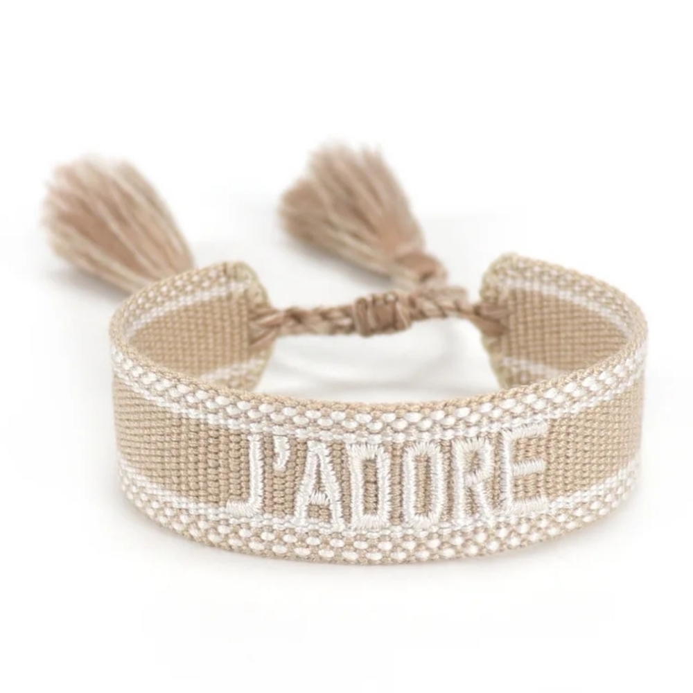 Adore J'Adore Beige and White Woven Tassel Bracelet